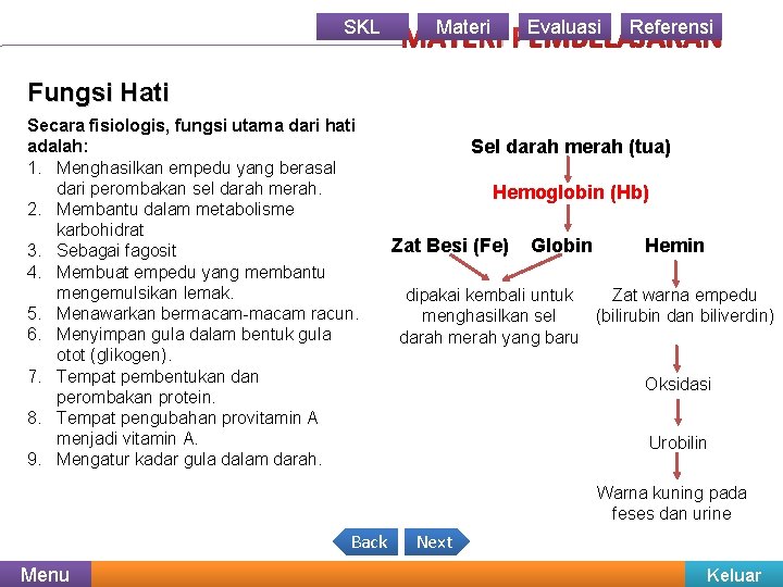 SKL Materi Evaluasi Referensi MATERI PEMBELAJARAN Fungsi Hati Secara fisiologis, fungsi utama dari hati