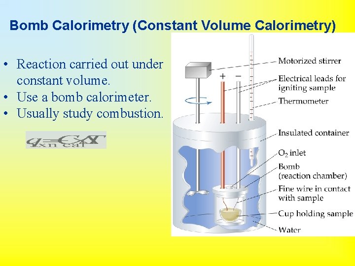 Bomb Calorimetry (Constant Volume Calorimetry) • Reaction carried out under constant volume. • Use