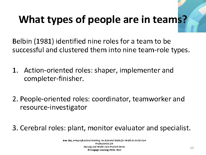 What types of people are in teams? Belbin (1981) identified nine roles for a