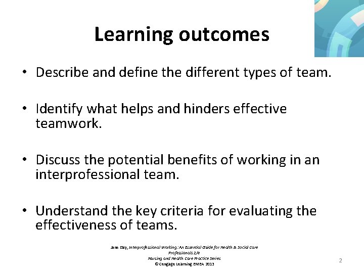 Learning outcomes • Describe and define the different types of team. • Identify what