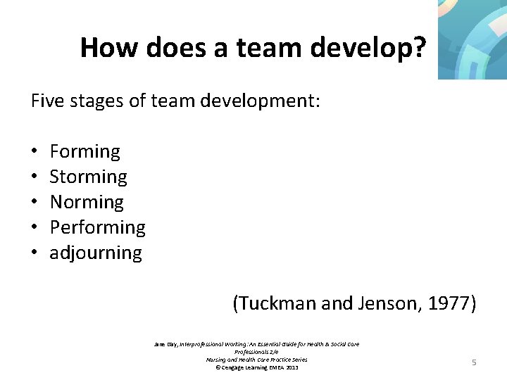 How does a team develop? Five stages of team development: • • • Forming