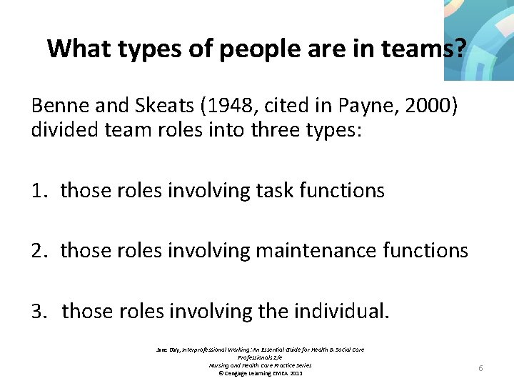 What types of people are in teams? Benne and Skeats (1948, cited in Payne,