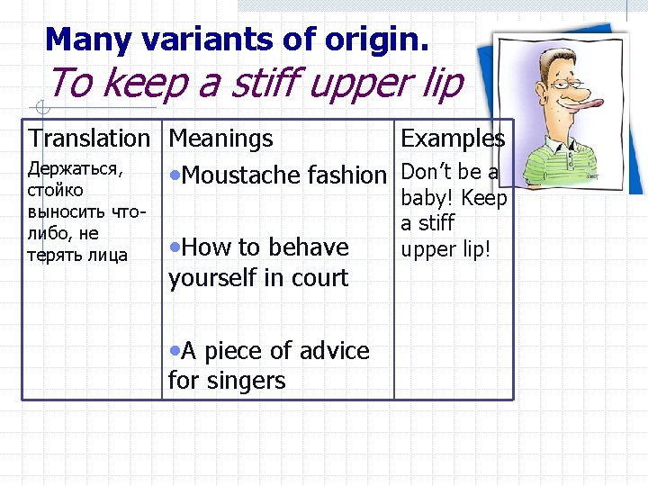 Many variants of origin. To keep a stiff upper lip Translation Meanings Examples Держаться,