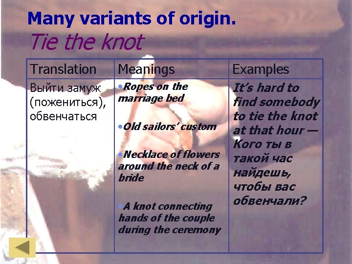 Many variants of origin. Tie the knot Translation Meanings Выйти замуж • Ropes on
