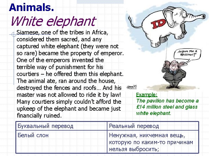 Animals. White elephant Siamese, one of the tribes in Africa, considered them sacred, and