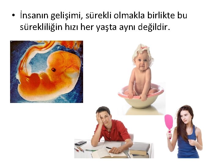 • İnsanın gelişimi, sürekli olmakla birlikte bu sürekliliğin hızı her yaşta aynı değildir. • İnsanın gelişimi, sürekli olmakla birlikte bu sürekliliğin hızı her yaşta aynı değildir.