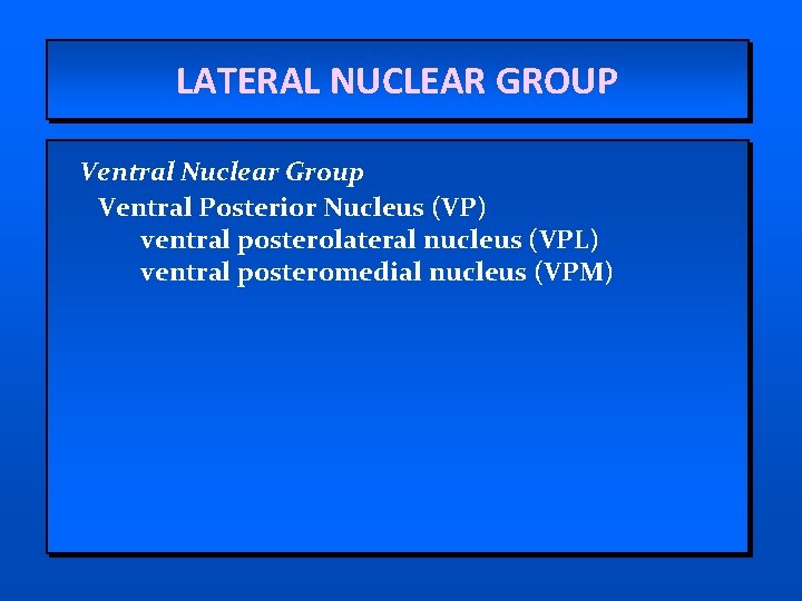 LATERAL NUCLEAR GROUP Ventral Nuclear Group Ventral Posterior Nucleus (VP) ventral posterolateral nucleus (VPL)