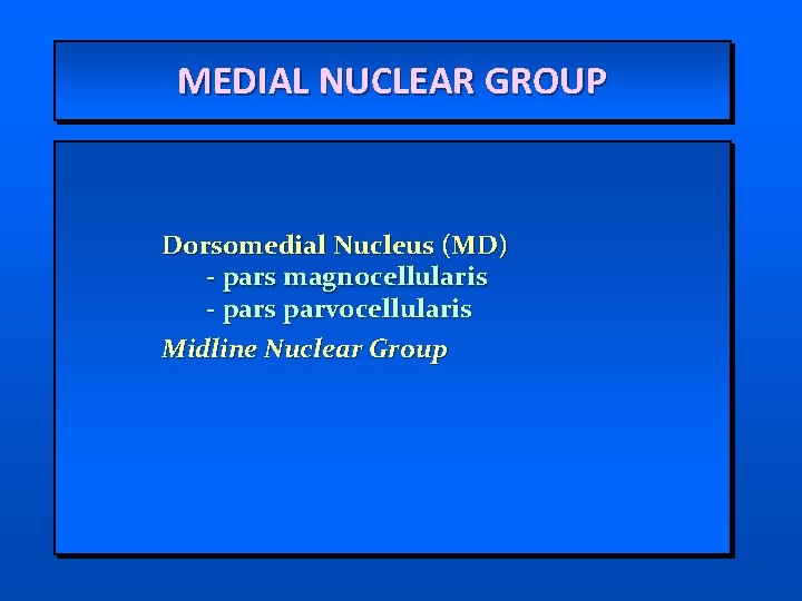 MEDIAL NUCLEAR GROUP Dorsomedial Nucleus (MD) - pars magnocellularis - pars parvocellularis Midline Nuclear