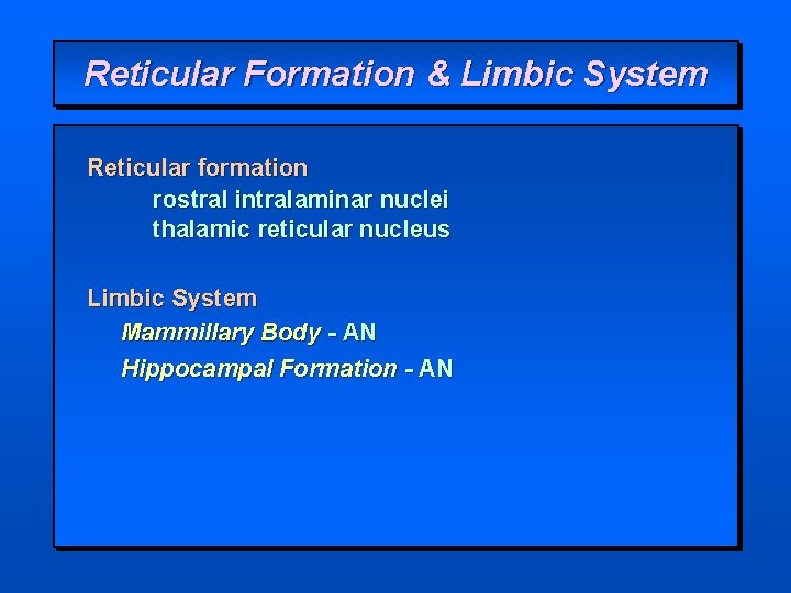 Reticular Formation & Limbic System Reticular formation rostral intralaminar nuclei thalamic reticular nucleus Limbic