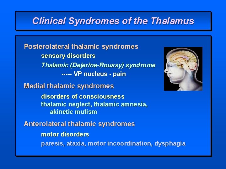 Clinical Syndromes of the Thalamus Posterolateral thalamic syndromes sensory disorders Thalamic (Dejerine-Roussy) syndrome -----