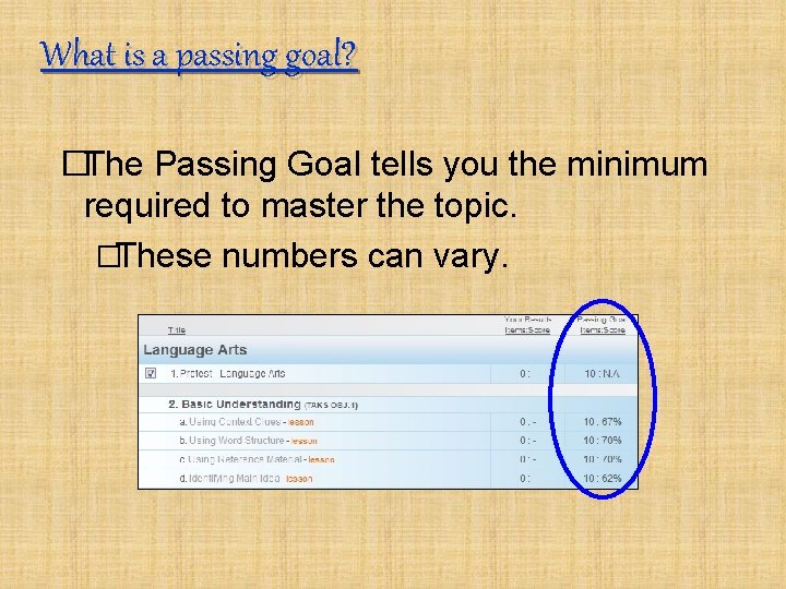 What is a passing goal? �The Passing Goal tells you the minimum required to