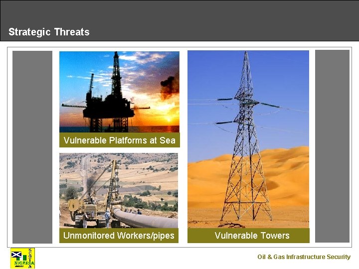Strategic Threats Vulnerable Platforms at Sea Unmonitored Workers/pipes Vulnerable Towers Oil & Gas Infrastructure