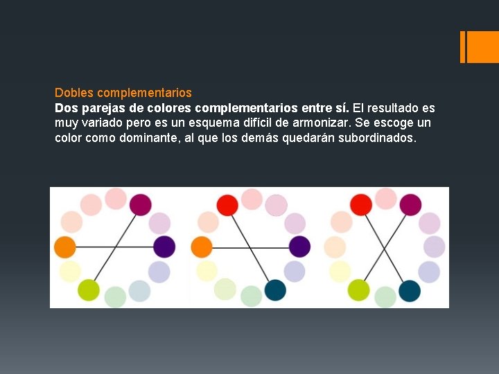 Dobles complementarios Dos parejas de colores complementarios entre sí. El resultado es muy variado