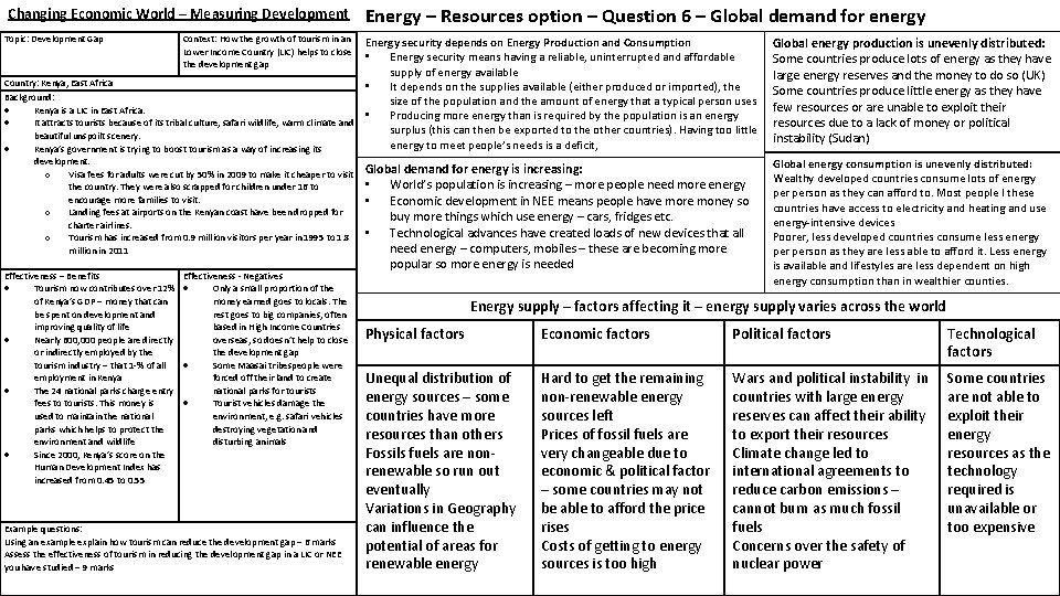 Changing Economic World – Measuring Development Topic: Development Gap Energy – Resources option –