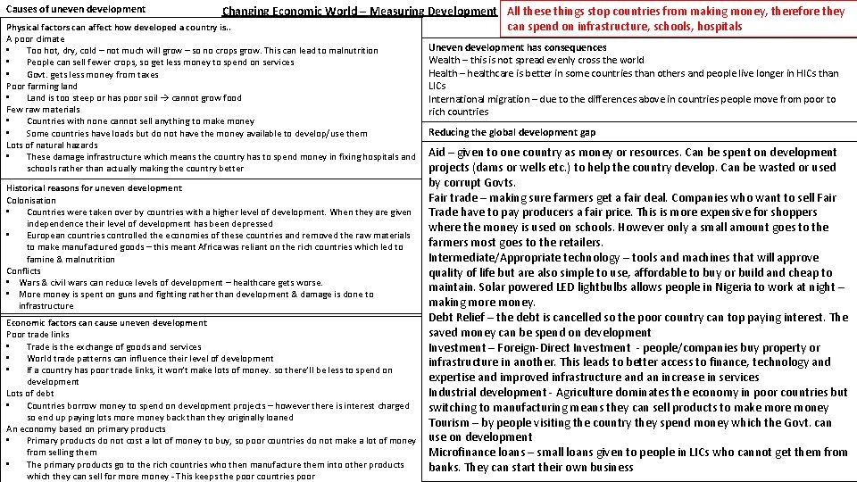 Causes of uneven development Changing Economic World – Measuring Development All these things stop