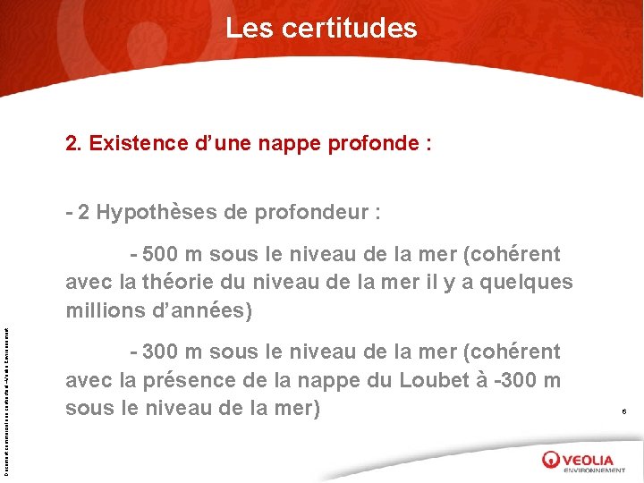 Les certitudes 2. Existence d’une nappe profonde : - 2 Hypothèses de profondeur :