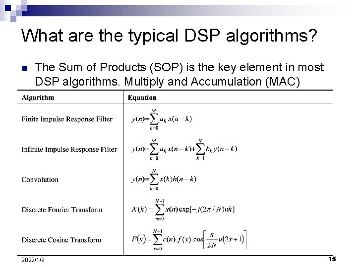 What are the typical DSP algorithms? n The Sum of Products (SOP) is the