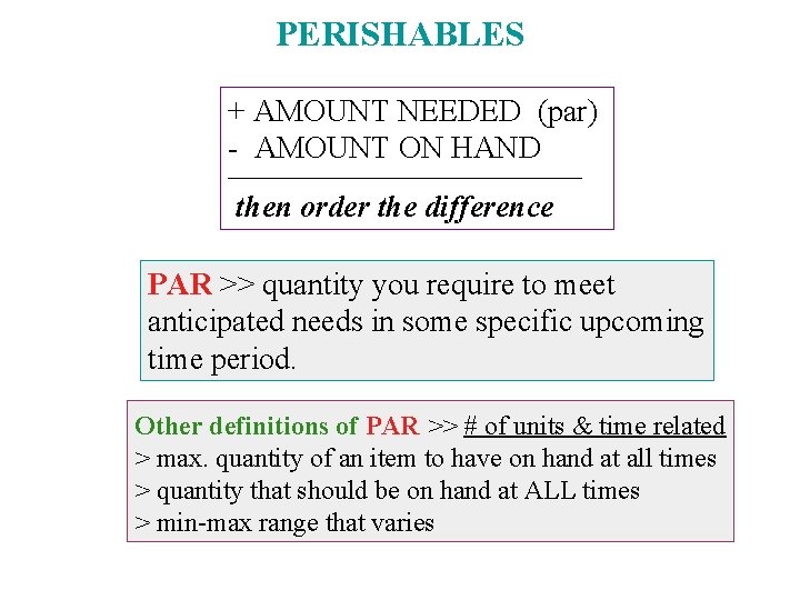 PERISHABLES + AMOUNT NEEDED (par) - AMOUNT ON HAND then order the difference PAR