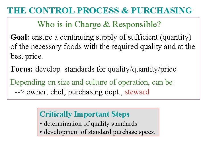 THE CONTROL PROCESS & PURCHASING Who is in Charge & Responsible? Goal: ensure a