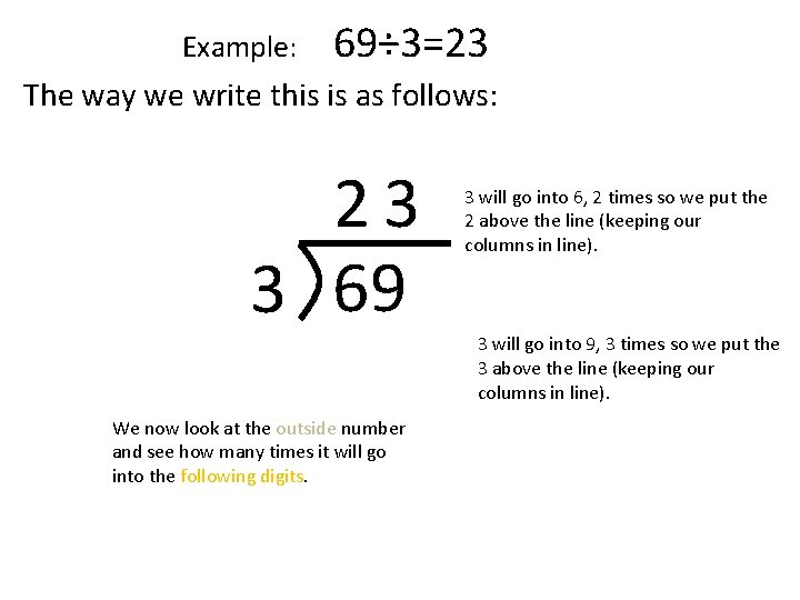 Example: 69÷ 3=23 The way we write this is as follows: 23 3 69