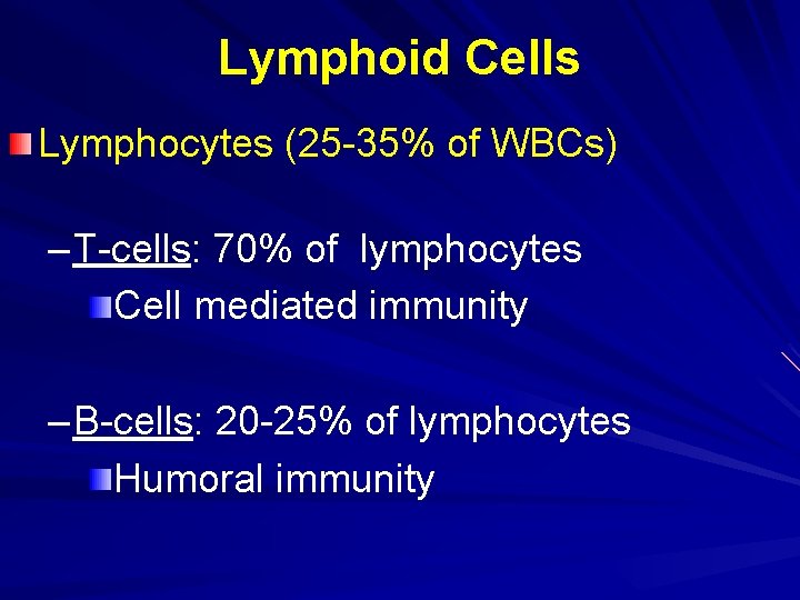 Lymphoid Cells Lymphocytes (25 -35% of WBCs) – T-cells: 70% of lymphocytes Cell mediated