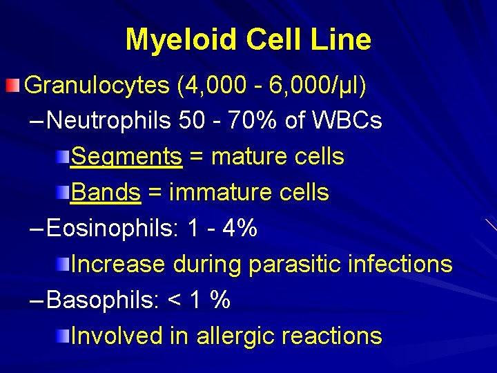 Myeloid Cell Line Granulocytes (4, 000 - 6, 000/µl) – Neutrophils 50 - 70%