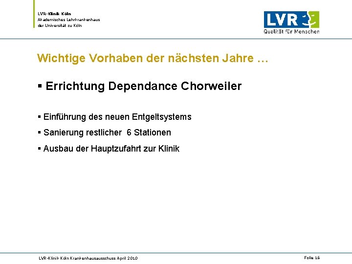 LVR-Klinik Köln Akademisches Lehrkrankenhaus der Universität zu Köln Wichtige Vorhaben der nächsten Jahre …