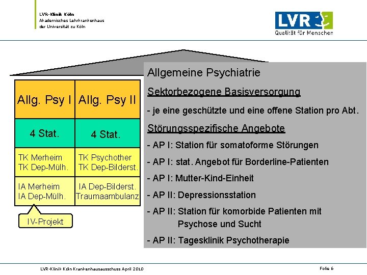 LVR-Klinik Köln Akademisches Lehrkrankenhaus der Universität zu Köln Allgemeine Psychiatrie 4 Stat. TK Merheim