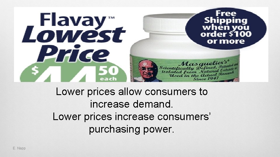 Lower prices allow consumers to increase demand. Lower prices increase consumers’ purchasing power. E.