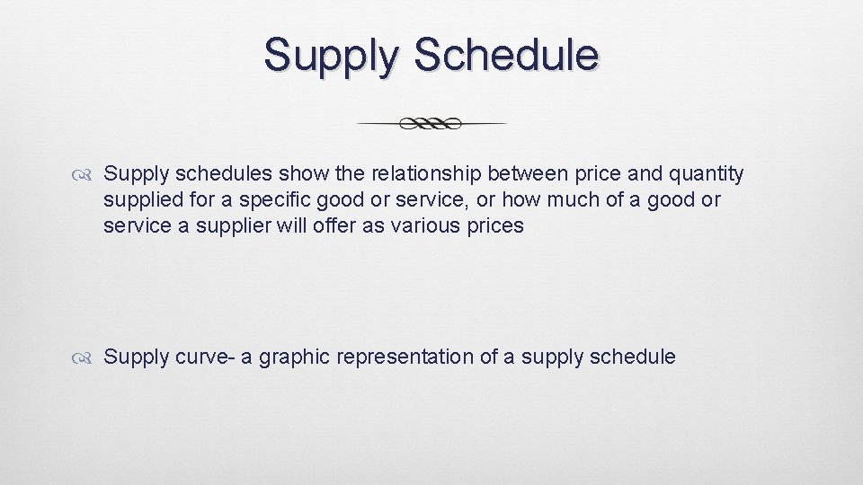 Supply Schedule Supply schedules show the relationship between price and quantity supplied for a
