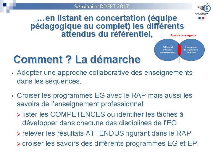 Séminaire DDFPT 2017 …en listant en concertation (équipe pédagogique au complet) les différents attendus