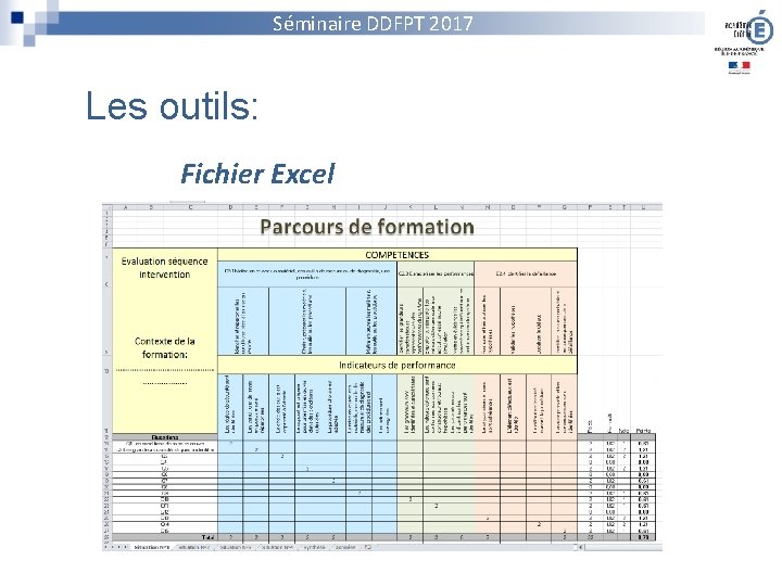 Séminaire DDFPT 2017 Les outils: Fichier Excel 