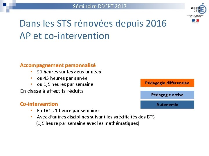 Séminaire DDFPT 2017 Dans les STS rénovées depuis 2016 AP et co-intervention Accompagnement personnalisé