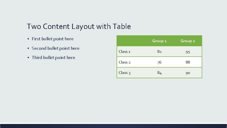 Two Content Layout with Table ▪ First bullet point here ▪ Second bullet point