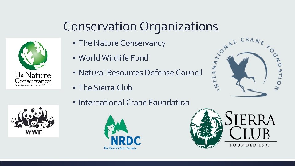Conservation Organizations ▪ The Nature Conservancy ▪ World Wildlife Fund ▪ Natural Resources Defense
