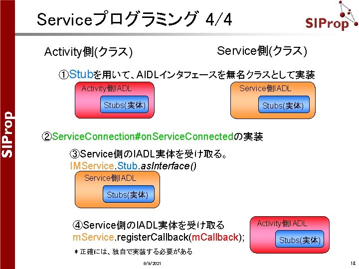 Serviceプログラミング 4/4 Service側(クラス) Activity側(クラス) ①Stubを用いて、AIDLインタフェースを無名クラスとして実装 Service側IADL Activity側IADL Stubs(実体) ②Service. Connection#on. Service. Connectedの実装 ③Service側のIADL実体を受け取る。 IMService. Serviceプログラミング 4/4 Service側(クラス) Activity側(クラス) ①Stubを用いて、AIDLインタフェースを無名クラスとして実装 Service側IADL Activity側IADL Stubs(実体) ②Service. Connection#on. Service. Connectedの実装 ③Service側のIADL実体を受け取る。 IMService.