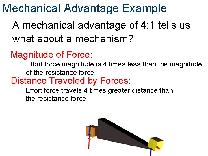 Mechanical Advantage Example A mechanical advantage of 4: 1 tells us what about a