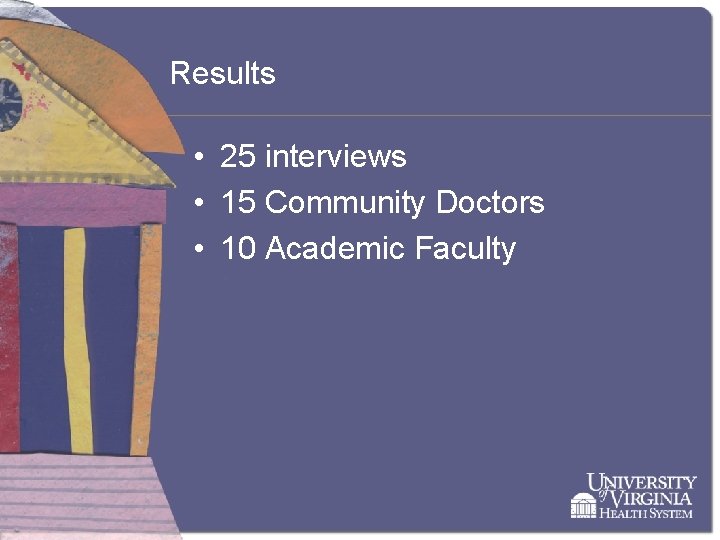 Results • 25 interviews • 15 Community Doctors • 10 Academic Faculty 