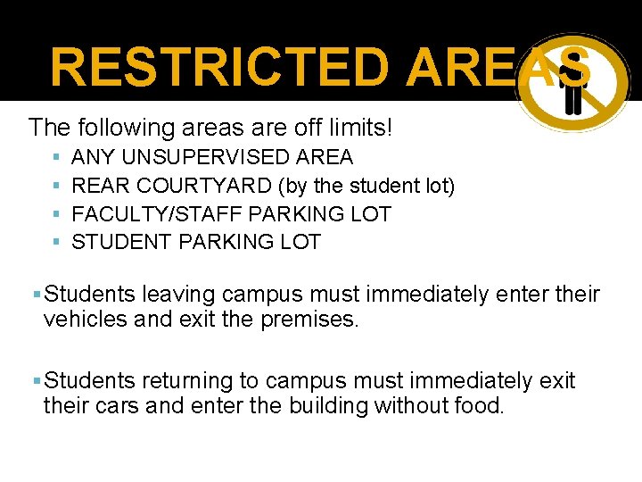 RESTRICTED AREAS The following areas are off limits! ANY UNSUPERVISED AREA REAR COURTYARD (by