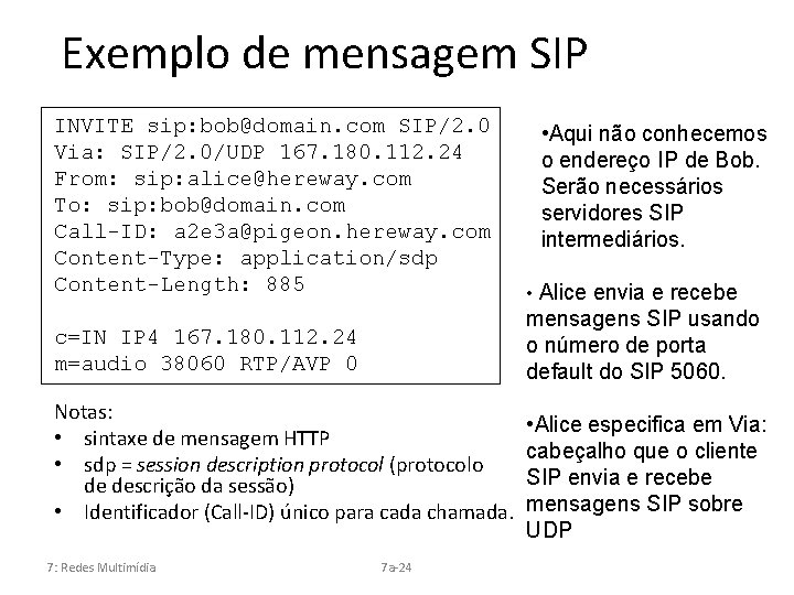 Exemplo de mensagem SIP INVITE sip: bob@domain. com SIP/2. 0 Via: SIP/2. 0/UDP 167.