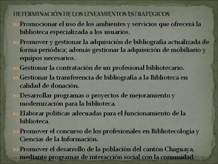 DETERMINACIÓN DE LOS LINEAMIENTOS ESTRATEGICOS Promocionar el uso de los ambientes y servicios que