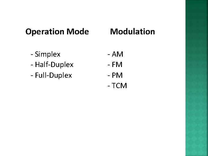 Operation Mode - Simplex - Half-Duplex - Full-Duplex Modulation - AM - FM -