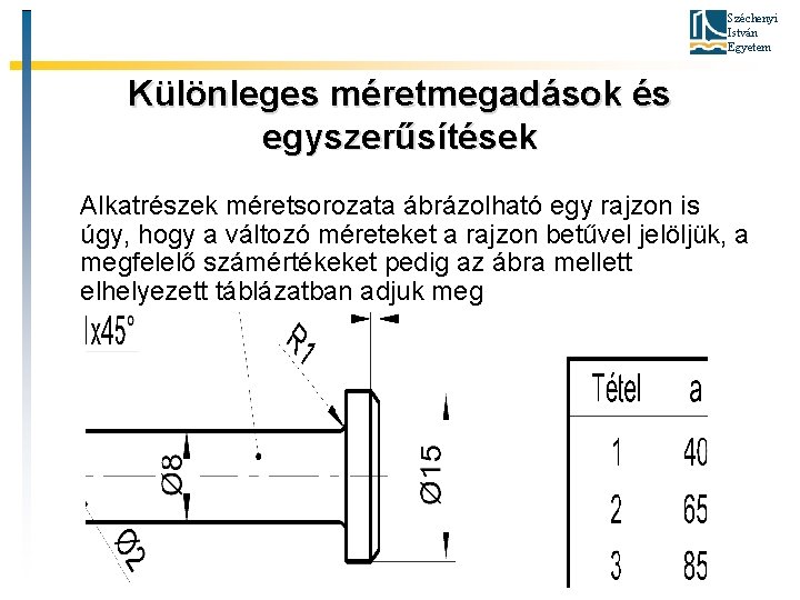 Széchenyi István Egyetem Különleges méretmegadások és egyszerűsítések Alkatrészek méretsorozata ábrázolható egy rajzon is úgy,