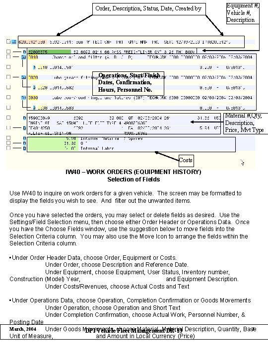 Order, Description, Status, Date, Created by Equipment #, Vehicle #, Description Operations, Start/Finish Dates,