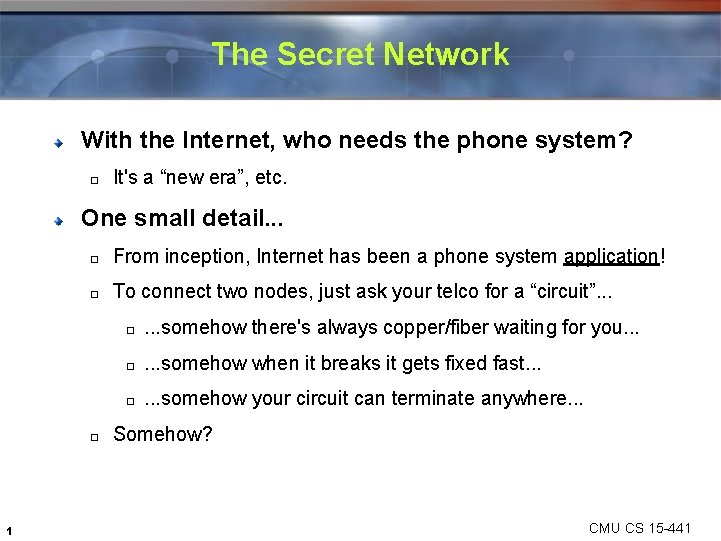 The Secret Network With the Internet, who needs the phone system? � It's a