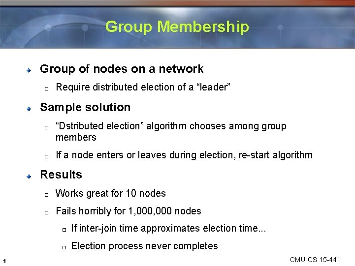 Group Membership Group of nodes on a network � Require distributed election of a