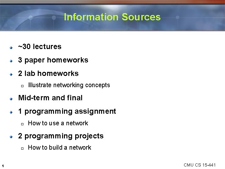 Information Sources ~30 lectures 3 paper homeworks 2 lab homeworks � Illustrate networking concepts