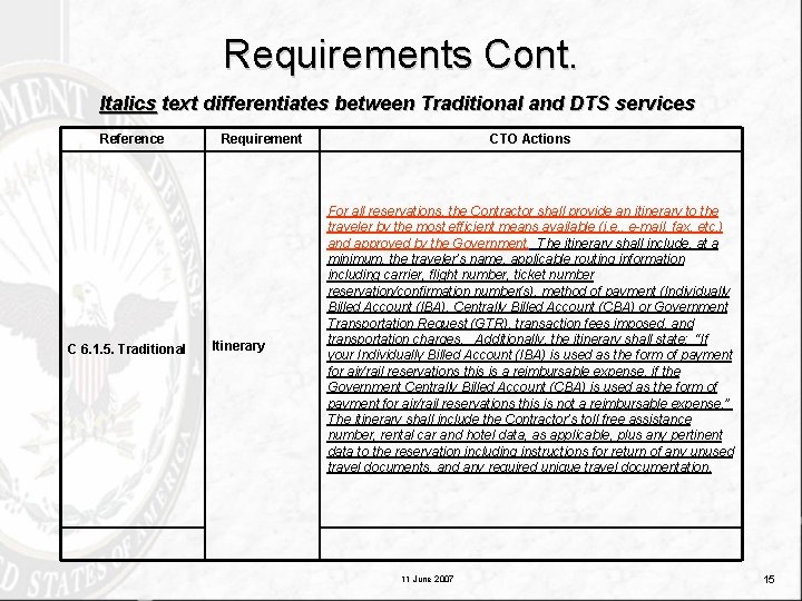 Requirements Cont. Italics text differentiates between Traditional and DTS services Reference C 6. 1.