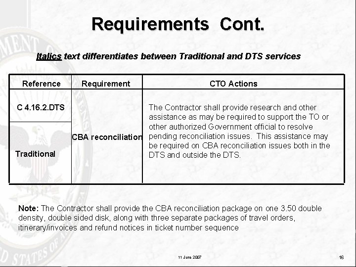 Requirements Cont. Italics text differentiates between Traditional and DTS services Reference C 4. 16.