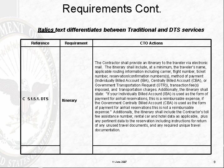 Requirements Cont. Italics text differentiates between Traditional and DTS services Reference C 5. 1.